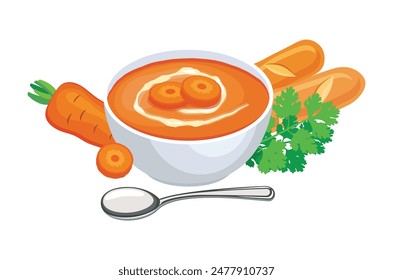 Ilustración vectorial cremosa de sopa de zanahoria. Tazón de la sopa de zanahoria icono conjunto Vector aislado sobre un fondo blanco. Sopa de zanahoria, perejil y dibujo de baguette