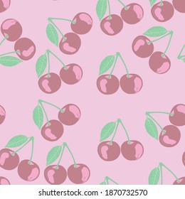 Creamy colored pink cherry seamless pattern. Red berries with green leaves. Hand-drawn cartoon berries for textile, fabric.