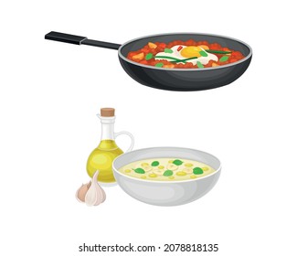 Creamy Corn Soup in Bowl and Stew of Beans and Tomato in Frying Pan as Spanish Cuisine Dish Vector Set