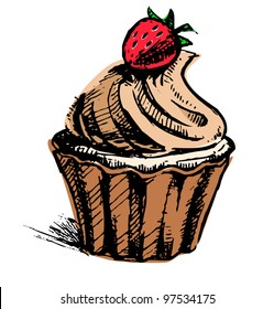 Creamy cup cake with delicious berry. Hand drawing sketch vector icon