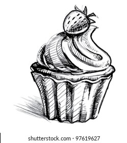 Creamy cup cake with delicious berry. Hand drawing sketch vector icon