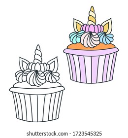 Creamy cupcake. Doodle illustrations (colored and black-n-white) of a cupcake decorated with a unicorn horn. Objects isolated on white. Vector 8 EPS.