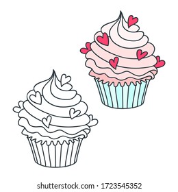 Creamy cupcake. Doodle illustrations (colored and black-n-white) of a creamy cupcake decorated with hearts. Objects isolated on white. Vector 8 EPS.