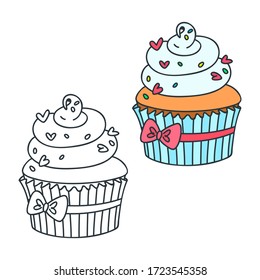 Cremiger Kuchen. Doodle-Illustrationen (farbig und schwarz-weiß) eines cremigen Cupcakes. Objekte einzeln auf Weiß. Vektor 8 EPS.