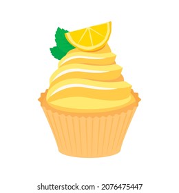 Creamy cupcake with lemon and mint leaf icon vector. Yellow fruit cupcake icon isolated on a white background. Delicious vanilla cake vector