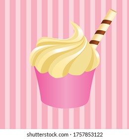 Creamy cupcake on pink stripped background. Sweet dessert vector illustration.