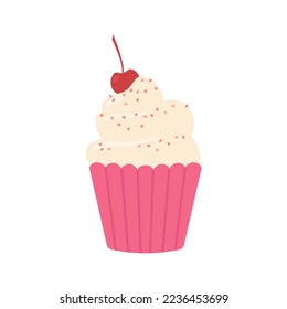 Creamy cupcake with sprinkles in a pink stand. Christmas and New Year illustration for decor, advertising, prints, decoration. Vector illustration for web