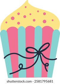 Creamy cupcake with yellow icing and pink sprinkles in a pink and light blue striped wrapper decorated, with a black bow is a sweet treat for any occasion..