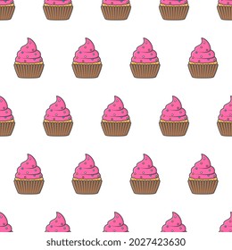 Creamy Cupcakes Seamless Pattern On A White Background. Cupcake Theme Vector Illustration