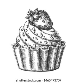 Creamy Delicious Cake Sweet Dessert Ink Vector. Confectionery Tasty Cake Made From Custard Cream Decorated Chocolate Crumbs And Strawberry On Top. Designed Food Template Monochrome Illustration