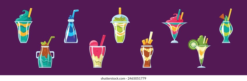 Creamy Dessert with Straw and Glass Vector Set