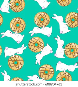 Creamy donuts and cute bunnies. Pattern- seamless texture, textiles, wallpaper, postcards.