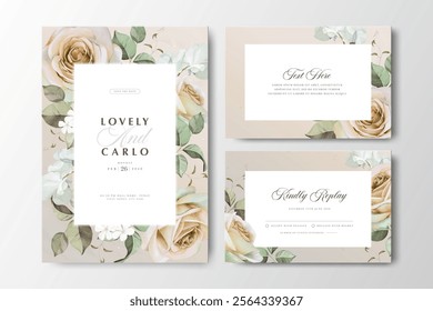 creamy floral frame watercolor wedding invitation card set template