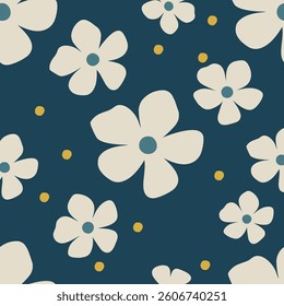 Creamy flowers on navy blue background pattern 