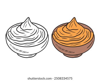 Salsa cremosa de queso con ajo en tazón de cerámica, mayonesa, mostaza, ketchup en negro sobre blanco. Dibujado a mano ilustración de boceto de Vector en estilo de arte de línea vintage grabado doodle, puré de batata