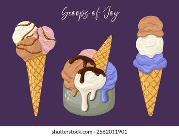 Creamy Gelato in pastel colors. Tasty ice creams with vanilla, chocolate, bubble gum, and strawberry flavors. Vector.