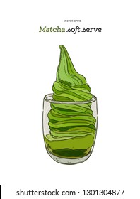 creamy green matcha icecream soft serve in glass, hand draw sketch vector.