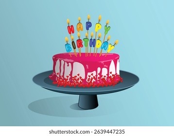 Creamy happy birthday pink cake with candle Vector Illustration