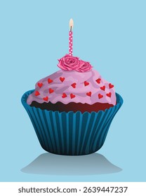 Creamy happy birthday pink cake with candle Vector Illustration