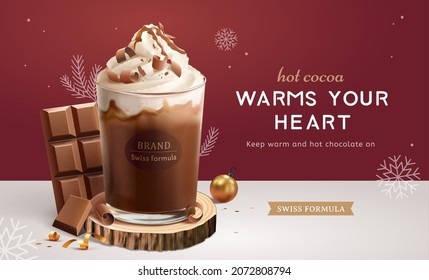 Creamy hot chocolate drink ad template. 3d illustration of glass cup displayed on wood discs with chocolate block and snowflake around