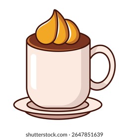 Creamy hot drink in cute cup with whipped topping cartoon isolated on white background.