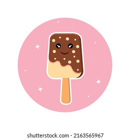 Creamy ice cream in chocolate glaze smiles sweetly. The theme of dessert and food.	