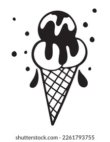 Creamy ice cream cone, hand drawn in cartoon line style, isolated vector illustration