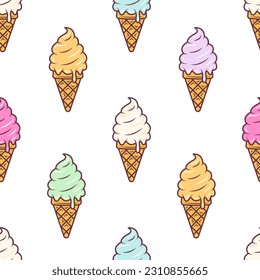 Creamy ice cream cone seamless pattern cartoon style. Vector illustration isolated on white background