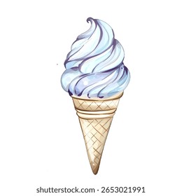 Cone de sorvete cremoso com redemoinhos de azul e branco, perfeito para delícias de verão na praia ou celebrações festivas com amigos e familiares