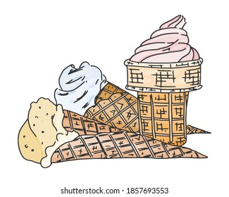 creamy ice cream in a dough cup. vector sketch doodle stock