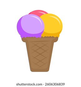 A creamy ice cream scoop served in a crispy waffle cup, showcasing a delicious frozen dessert with a crunchy texture