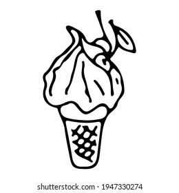 Creamy ice cream in a waffle cup with cherries. Drawn in doodle style with contour on a white background. Vector illustration.