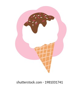 Creamy ice cream in a waffle cup. Vector element isolated on white background. Delicious cold summer dessert. Sticker, print, poster, postcard, menu.