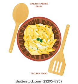 Creamy Italian Penne Pasta, Parsley, and Italian Noodles Recipe Healthy spaghetti pasta menu, close-up vector illustration, top view.
