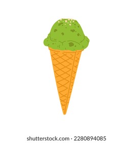 Kiwi cremoso o helado de pistacho en postre de verano dulce de cono de wafer. Vector refrescante comida para llevar fría, comida rápida. Picor caramelizado