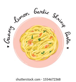 Creamy Lemon Garlic Shrimp Pasta, Vector Food Illustration, Hand Drawn Lettering