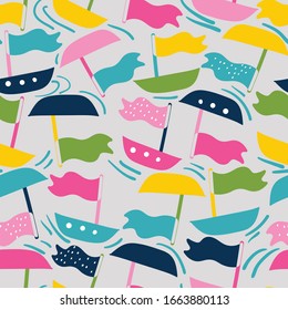Creamy light blue with boat elements seamless pattern background design.
