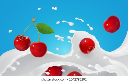 Creamy liquid milk flow and cherries. Yogurt splash or ice crea. melting with red berries Realistic vector illustration