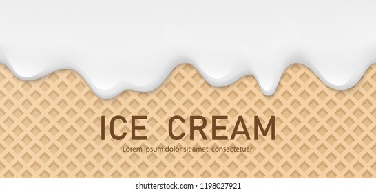 Creamy liquid, yogurt cream, ice cream or milk melting and flowing on a waffle. White creamy drips. Simple cartoon design. Background, template for banner or poster. Realistic vector illustration.