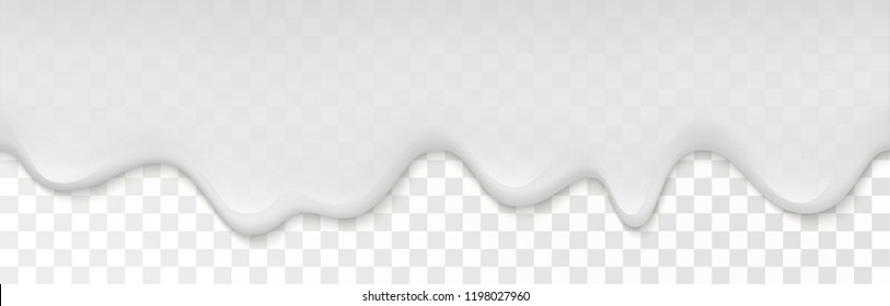 Creamy liquid, yogurt cream, ice cream or milk melting and flowing on transparent background. White creamy drips. Simple cartoon design. Template for banner or poster. Realistic vector illustration.