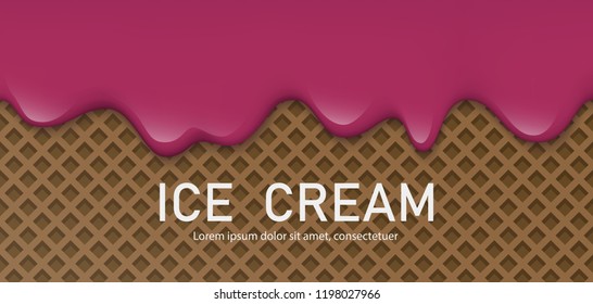 Creamy liquid, yogurt cream, ice cream or milk melting and flowing on a waffle. Burgundy cherry creamy drips. Simple cartoon design. Background for banner or poster. Realistic vector illustration.