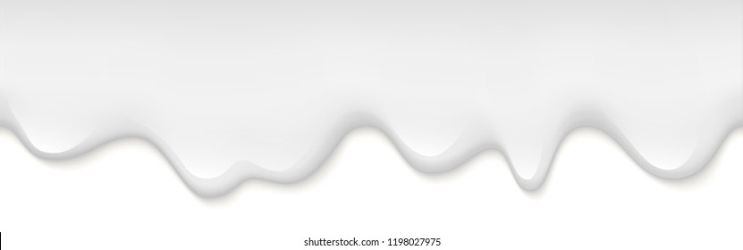 Creamy liquid, yogurt cream, ice cream or milk melting and flowing. White creamy drips. Simple cartoon design. Beautiful background. Template for banner or poster. Realistic vector illustration.