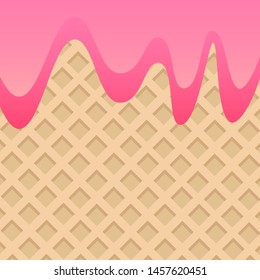 Creamy liquid, yogurt cream, ice cream or milk melting and flowing on a waffle. Pink creamy drips. Simple cartoon design. Background for banner or poster. Vector illustration