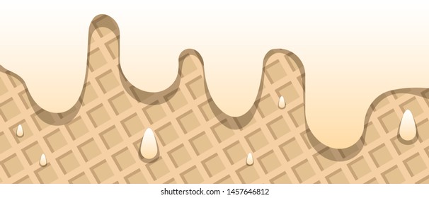 Creamy liquid, yogurt cream, ice cream or milk melting and flowing on a waffle. White  creamy drips. Simple cartoon design. Background for banner or poster. Vector illustration
