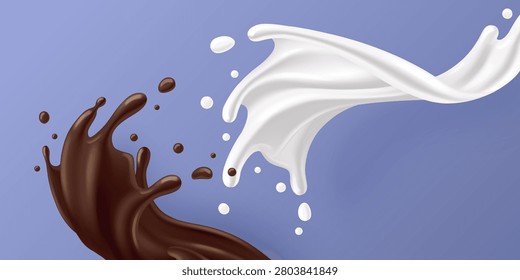 Creamy milk splash with hot chocolate swirl, dynamic white and brown waves, vector illustration isolated on background. Dairy shake drink, coffee or dessert beverage designs, motion effect