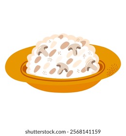 Creamy mushroom risotto in golden bowl. Clip art for restaurant menus, recipe guides, food blogs, or culinary illustrations to Italian cuisine