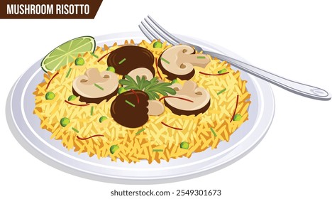 Creamy Mushroom Risotto Plate with Fork Side View. Garnished with Mushrooms, Saffron, Peas and Lime. Authentic Italian Rice Detailed Illustration 