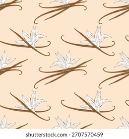 Patrón cremoso con especias aromáticas de vainilla, flores y palos de vainilla sobre fondo beige.