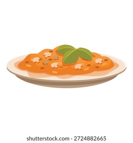 Creamy risotto served on an elegant plate, garnished with fresh basil leaves and sauteed mushrooms, representing a delicious and sophisticated culinary experience