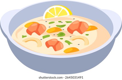 Creamy shrimp soup featuring fresh vegetables, aromatic herbs, and a zesty lemon slice, served in a bowl, creating a comforting and flavorful meal perfect for any occasion